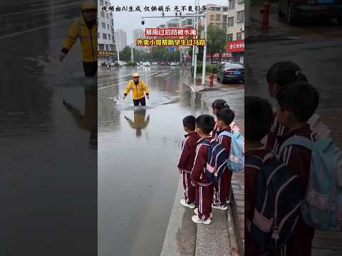 🇨🇳 暴雨积水阻断上学路，外卖小哥挺身而出化身“摆渡人” 🇬🇧 Delivery Rider Carries Children Across a Flooded Street thumbnail