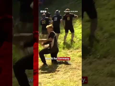 German YouTuber Tom Kopke wins first men's annual cheese-rolling race. #CoopersHill #BBCNews thumbnail