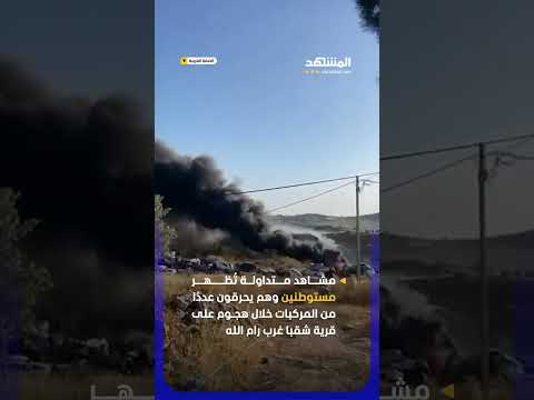 مشاهد متداولة تُظهر مستوطنين وهم يحرقون عددًا من المركبات خلال هجوم على قرية شقبا غرب رام الله thumbnail