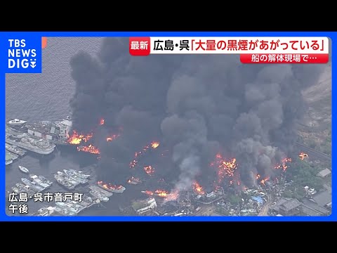 「酸素ボンベが爆発しているのでは」広島・呉市の船の解体現場で火事　廃船や廃材が燃え、係留の船にも延焼　356世帯650人に避難指示｜TBS NEWS DIG thumbnail