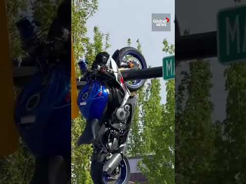 Motorcycle seen hanging from traffic light after crash south of Vancouver ? thumbnail
