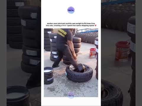 worker uses lubricant and his own weight to fit three tires into one, creating a 4-in-1 pack that thumbnail