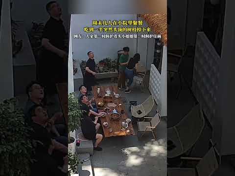週未幾人在小院子裡聚餐，吃到一半突然頭頂的樹枝掉下來，網友：人家第一時間護著頭小姐第一時間護住碗！ #搞笑 #大熱門 #china thumbnail