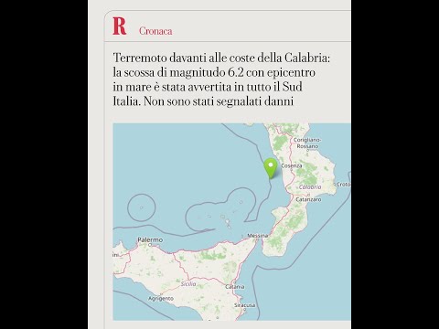 Forte terremoto davanti alle coste della Calabria: magnitudo 6.2 con epicentro in mare thumbnail