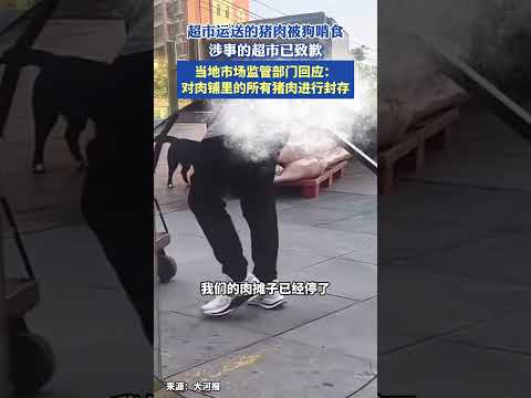 超市運送的豬肉被狗啃食，涉事的超市已致歉。當地市場監管部門回應：對肉鋪裡的所有豬肉進行封存。 thumbnail
