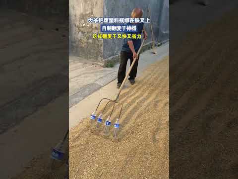大爷把废塑料瓶绑在铁叉上，自制翻麦子神器 thumbnail