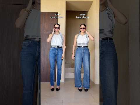 Skinny or baggy jeans? 👖Which jeans would you wear? Same outfit, different jeans 🤯 #fashionhacks thumbnail