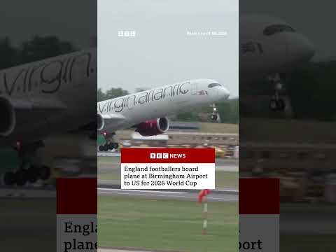 England footballers board plane at Birmingham Airport to US for 2026 World Cup. #BBCNews thumbnail