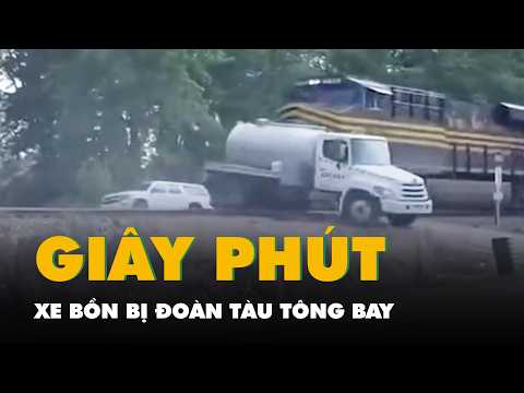 Giây phút xe bồn bị đoàn tàu tông bay khi cố băng qua đường ray ở Mỹ thumbnail