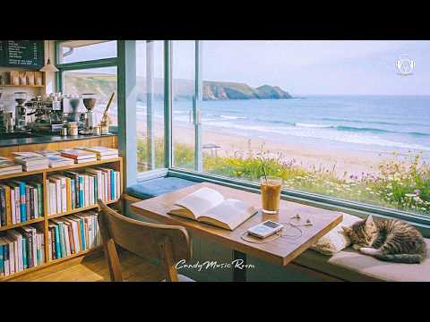 Seaside Book Café Ambience ☀️ Ocean Waves & Chill Bossa Nova | Relaxing Cafe Sounds for relaxing thumbnail