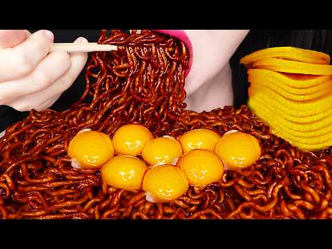 ASMR *BIG BITES* BLACK BEAN NOODLES + EGG YOLK 노른자 잔뜩 올린 짜파게티 먹방 MUKBANG, EATING thumbnail