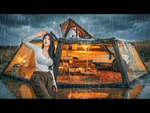 ☔️RAINY CAR CAMPING WITH A GIANT AWNING ROOM thumbnail