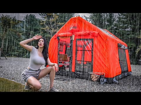 ⚡CAMPING IN HEAVY RAIN WITH A COZY INFLATABLE TENT thumbnail