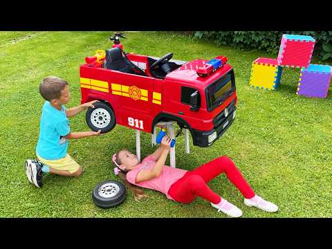 Surprise for Max! Kids Unboxing And Assembling a toy fire truck and riding it thumbnail