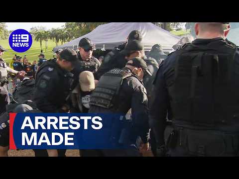 One arrested at Victoria park as protesters vow to remain on site | 9 News Australia thumbnail