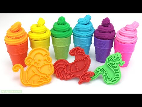 Learn Colors with 6 Color Play Doh and Monkey Cow Cookie Molds Surprise Toys Yowie Kinder Joy thumbnail