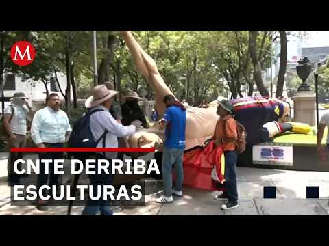 CNTE derriba esculturas del Mundial en Paseo de la Reforma durante protestas en CdMx thumbnail