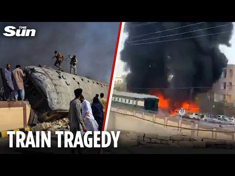 At least 24 killed in Pakistan train bombing which caused carriages to overturn thumbnail