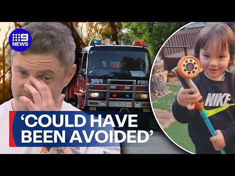 Firefighters choke back tears following tragic death of toddler in house fire | 9 News Australia thumbnail