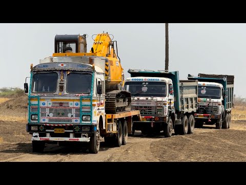 JCB 205 Excavator Loading Mud TATA Tippers  Making Watermelon Juice of Field Pond for water Storage thumbnail