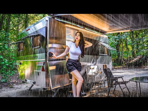 ☔HEAVY RAIN CAMPING IN A LUXURY CYBER CARAVAN thumbnail