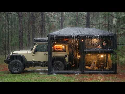 PEACEFUL Solo Camping in HEAVY RAIN 🌧️ | Cozy 2-Story Tent with 2 Dogs, Relaxing ASMR thumbnail