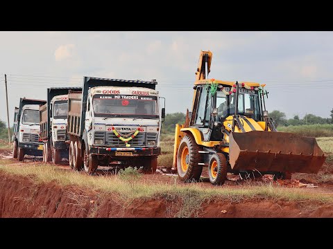 JCB 3dx Xpert Loading Red Mud in 3 TATA 2518 Tipper For Making Fishing Farming Pond thumbnail