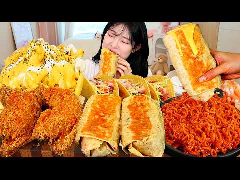 ASMR MUKBANG| 직접 만든 부리또 후라이드 치킨 불닭볶음면 먹방 & 레시피 GRILLED CHEESE BURRITO AND FRIED CHICKEN EATING thumbnail