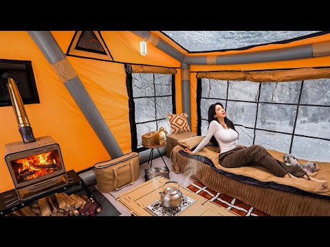 ❄️SNOW CAMPING WITH THE COMFORT OF HOME IN A NEW TENT thumbnail