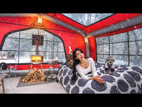 ❄️SNOW CAMPING INSIDE A HUGE CAPSULE INFLATABLE TENT thumbnail