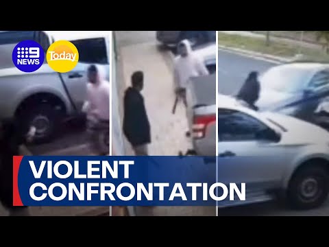 CCTV footage captures violent confrontation between armed men | 9 News Australia thumbnail