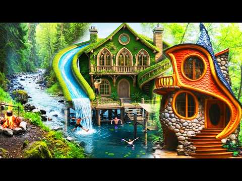 100Days Build a mud house with a water slide for an underground river swimming pool thumbnail