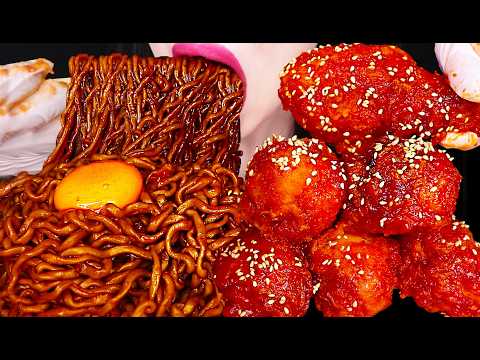 ASMR GIANT FRIED CHICKEN & BLACK BEAN NOODLES 처갓집 양념 치킨 짜파게티 먹방 MUKBANG, EATING thumbnail