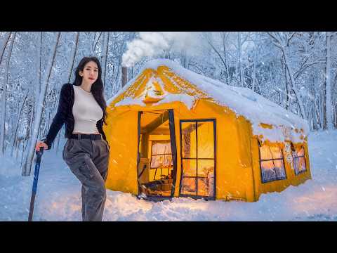 ❄️HEAVY SNOW CAMPING INSIDE A LUXURY AIR TENT thumbnail