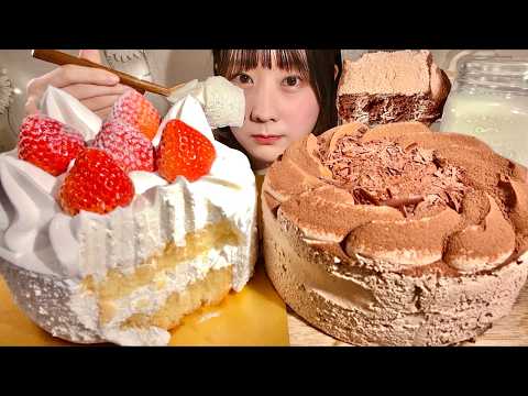 ASMR Strawberry Cake Chocolate Cake【Mukbang/ Eating Sounds】【English subtitles】 thumbnail