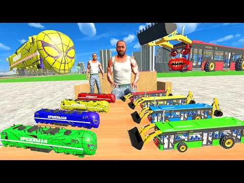 Spider-Man: Train Vs Horror JCB Bus & Franklin In Indian Bike Driving 3d thumbnail