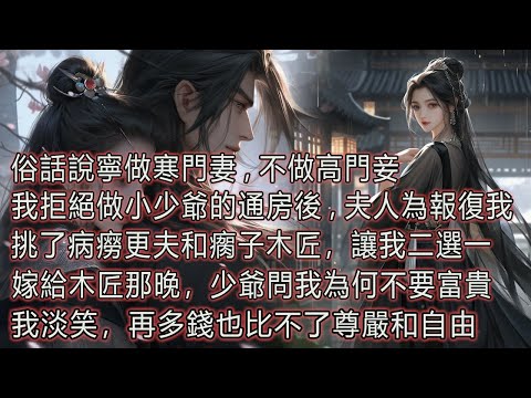 俗話說寧做寒門妻，不做高門妾，我拒絕做小少爺的通房後，夫人為報復我，挑了病癆更夫和瘸子木匠，讓我二選一，嫁給木匠那晚，少爺問我為何不要富貴，我淡笑，再多錢也比不了尊嚴和自由。 thumbnail