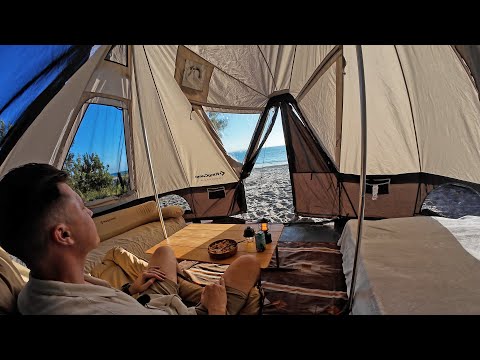 I Built a GIANT fully furnished TENT right on the Beach, SOLO! [ Tropical Rain Forest Island, ASMR ] thumbnail
