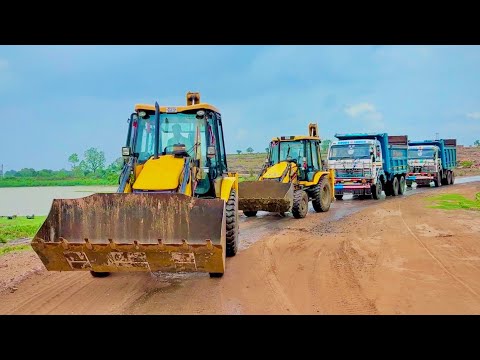 2 JCB 3dx Machines Loading Mud in TATA Dump Trucks Tippers together working with JCB 3dx Xpert thumbnail