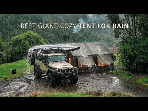 GIANT LUXURY TENT Camping in RAIN 🌧️ Solo with my Dog, Cozy Relaxing Fireplace, Hot Tent ASMR thumbnail
