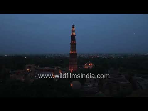Aerial night view of the iconic Qutab Minar thumbnail