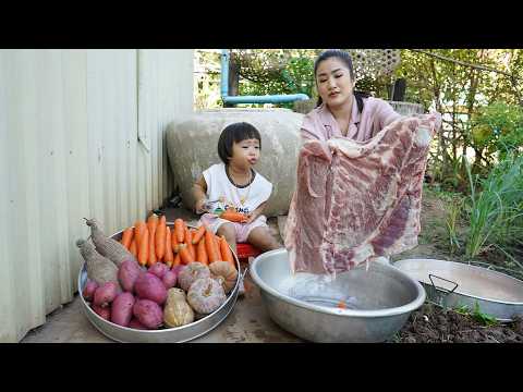 Mother and children cooking | Harvest vegetable from garden and cooking thumbnail