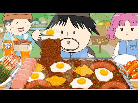 파김치에 토핑 가득 짜계치 먹방! (스팸,후랑크소세지) Black Bean Noodles&Fried egg&Cheese Mukbnag! /Animation ASMR/foomuk thumbnail