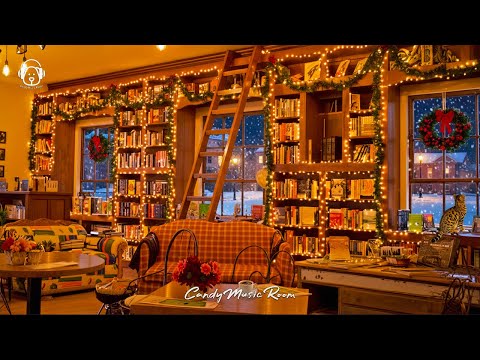 Warm & Cozy Winter Night Book Café Ambience ✨ Christmas Jazz Music, Relaxing Café Sounds thumbnail
