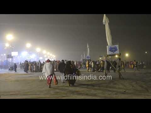 Devotees gathering at Gangasagar Mela under the night sky thumbnail