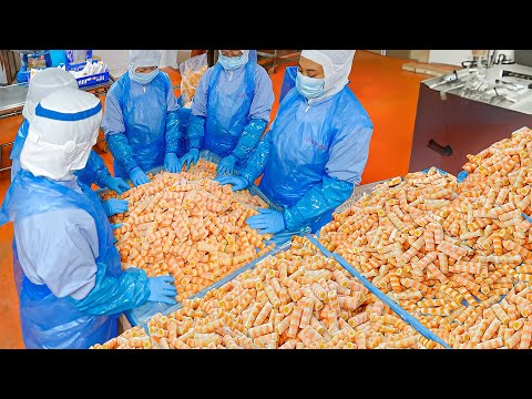 Million Pieces Monthly! Tobiko Fish Cake Mass Production Process / 飛魚卵海鮮卷 - Taiwan Food Factory thumbnail