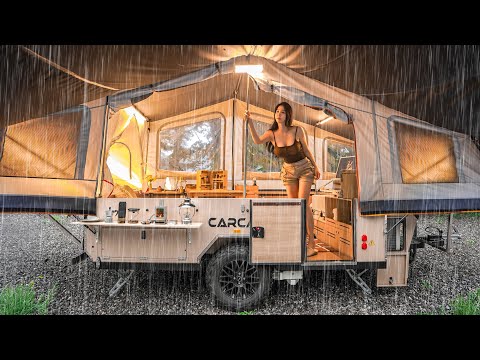 ☔CAMPING IN HEAVY RAIN WITH A NEW TENT TRAILER thumbnail