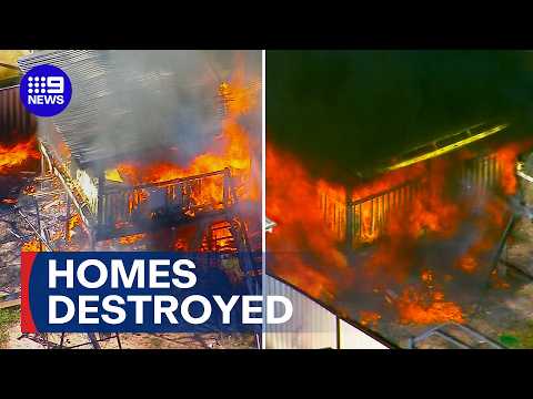 Three homes engulfed in flames | 9 News Australia thumbnail