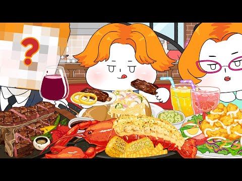 즐거운(?) 외식 먹방! (패밀리 레스토랑) 스테이크, 빠네파스타, 랍스타 -family restaurant Mukbang/Animation ASMR/foomuk thumbnail