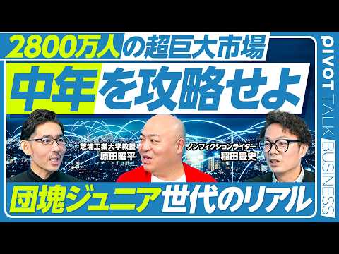 【2800万人の超巨大市場。中年を攻略せよ！】団塊ジュニアとポスト団塊で2800万人／最低15年は中年中心／中年の７クラスター／象徴する人物は／不安はお金と健康／何歳まで働く?／中年こそPIVOTせよ thumbnail